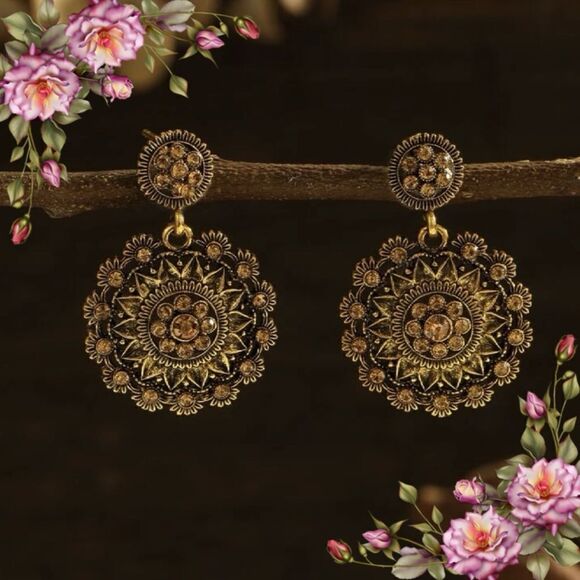 Rhinestone Round Drop Earrings - Picture 1 of 10